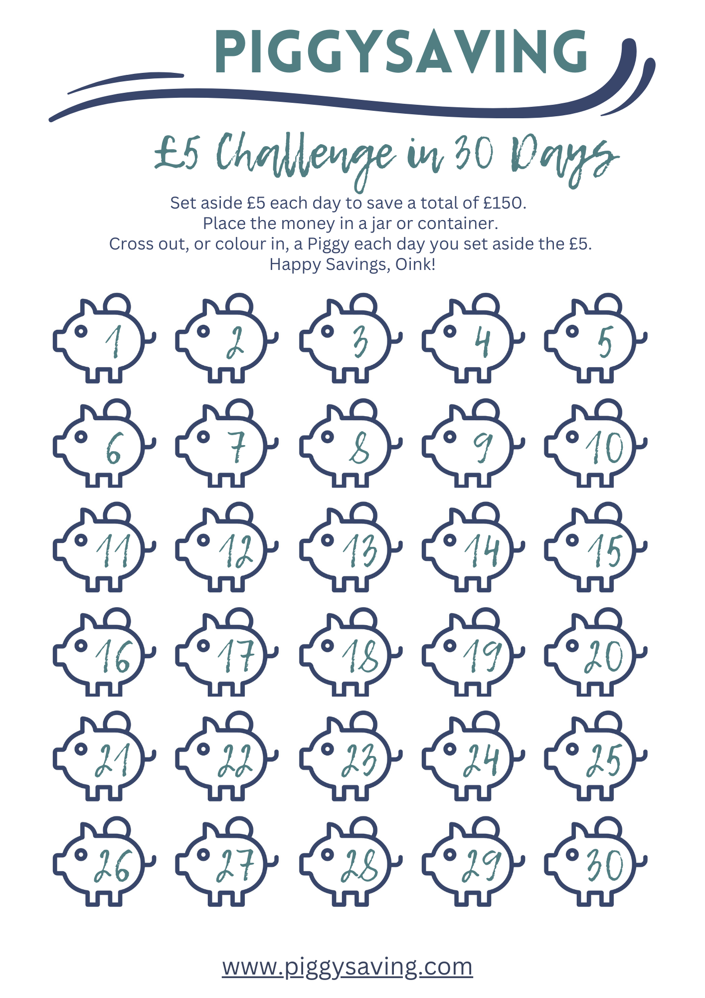 £5 Daily Saving Challenge. Raise your saving game and start today by putting £5 a day for the next 30 days into a Piggy Bank.  https://tinyurl.com/2s3prku8
